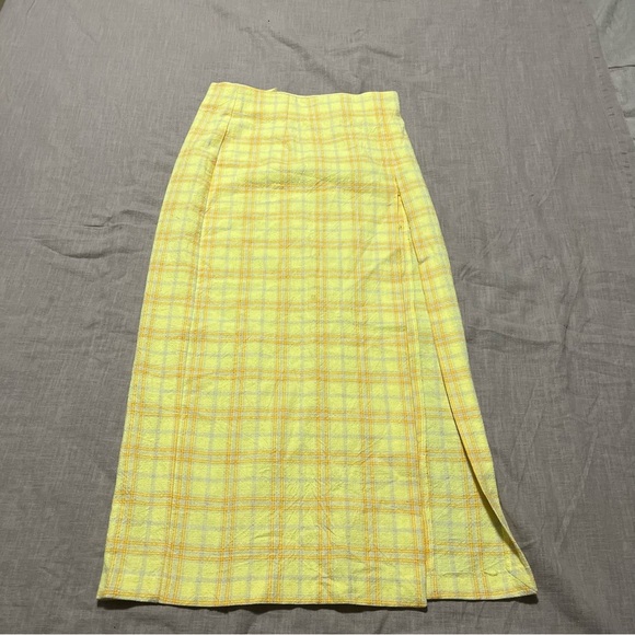 NWOT Zara Yellow Plaid Women's Skirt high slit side summer sundress bright - Picture 2 of 9